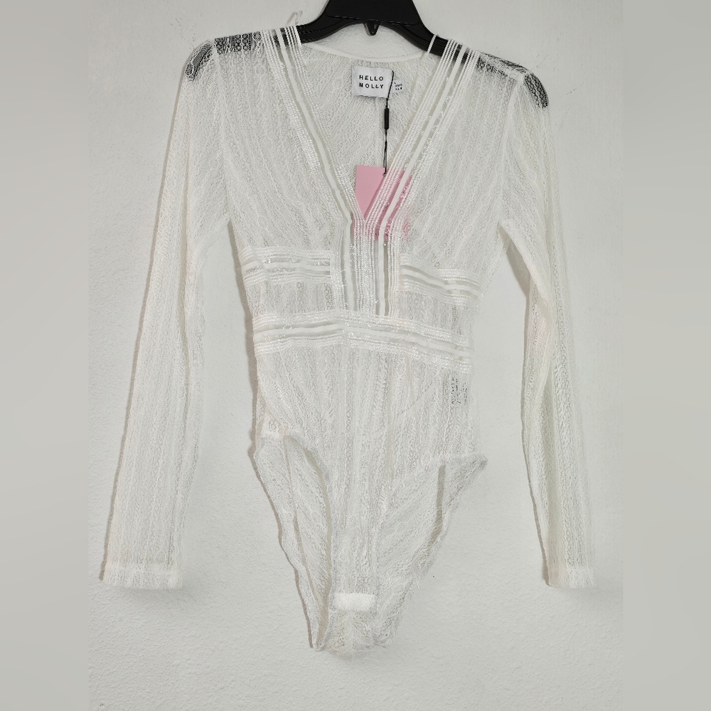 Hello Molly White Sheer Lace Long Sleeve Bodysuit